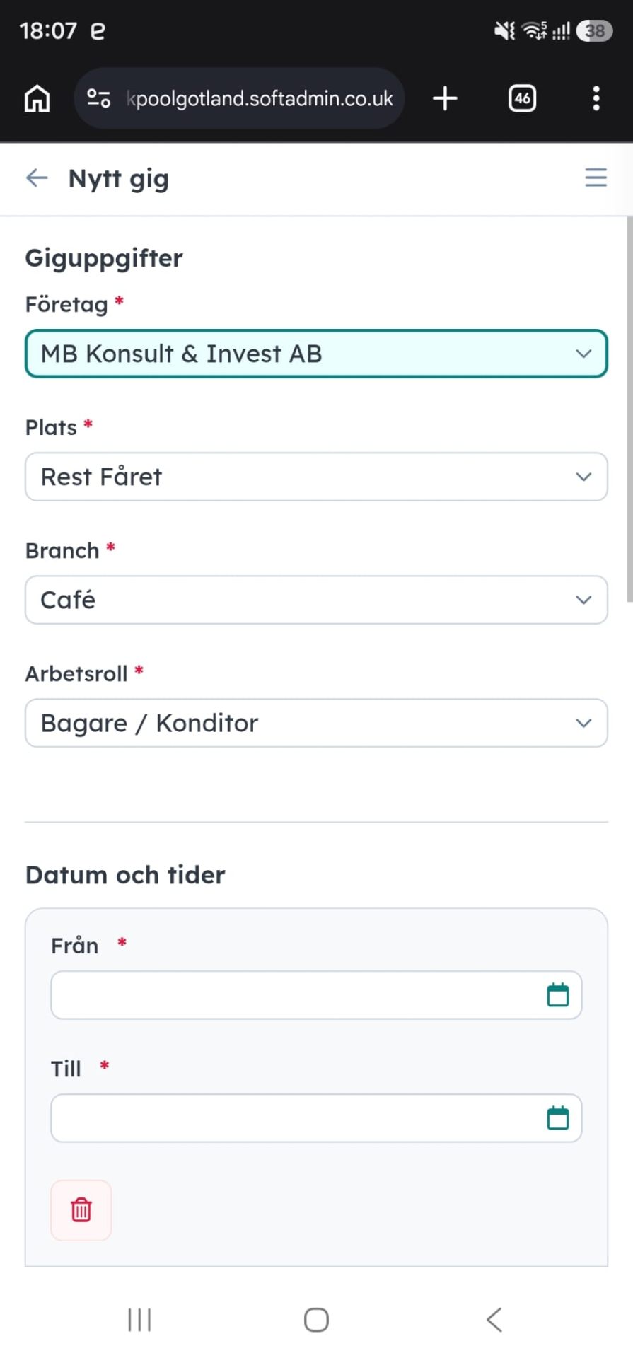 Formulär för att skapa ett nytt gig i Gotlands Workpool